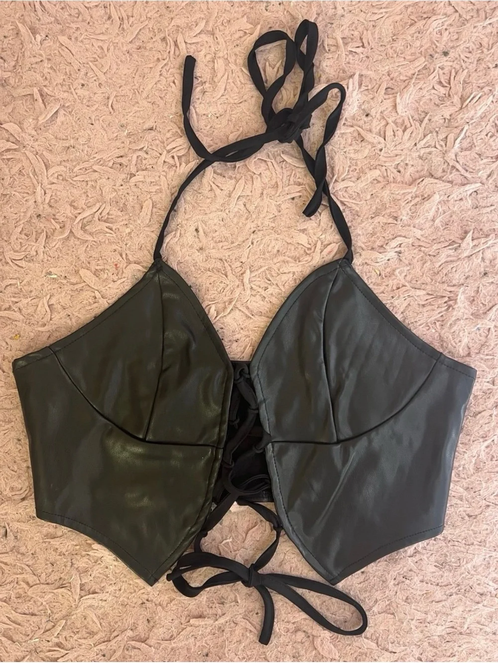 SHEIN Black Faux Leather Lace-Up Halter Bikini Top